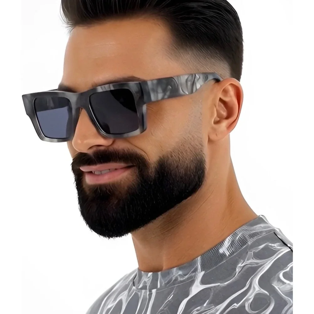 Dark Black Lenses Retro Casual Men‎ Sunglasses Brown Marble Thick Frame Unique